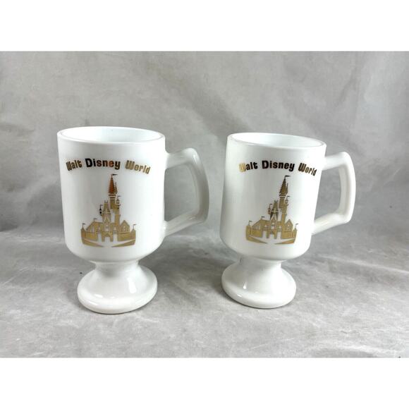 Walt Disney World 50th Anniversary Footed Mugs Pair White Gold Castle Logo - Picture 1 of 6